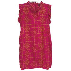 BOHO CHIC Bamboo Lattice Spring Pink Gold Geometric Ruffle Neck Dress Sz L EUC